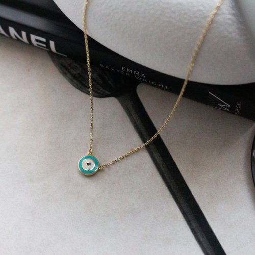 10K Turquoise Enamel Evil Eye Necklace