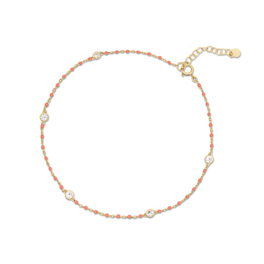 Gold Vermeil CZ Peach Enamel Chain Anklet