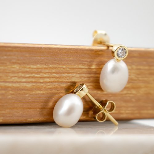 Gold Vermeil CZ Studs with Medium Pearl