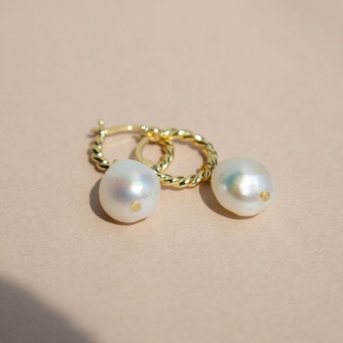 Gold Vermeil Rope Hoops with Dangling Pearl