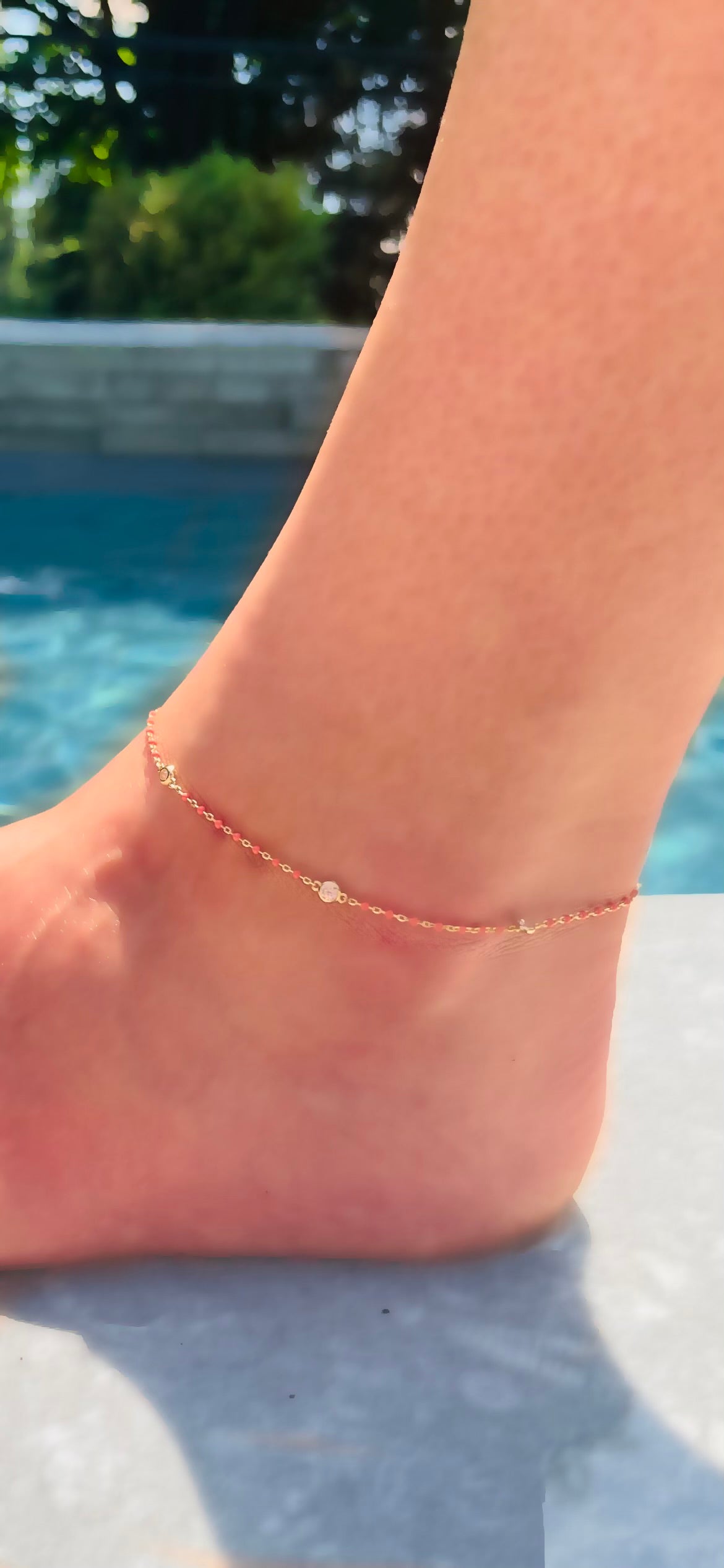 Gold Vermeil CZ Peach Enamel Chain Anklet