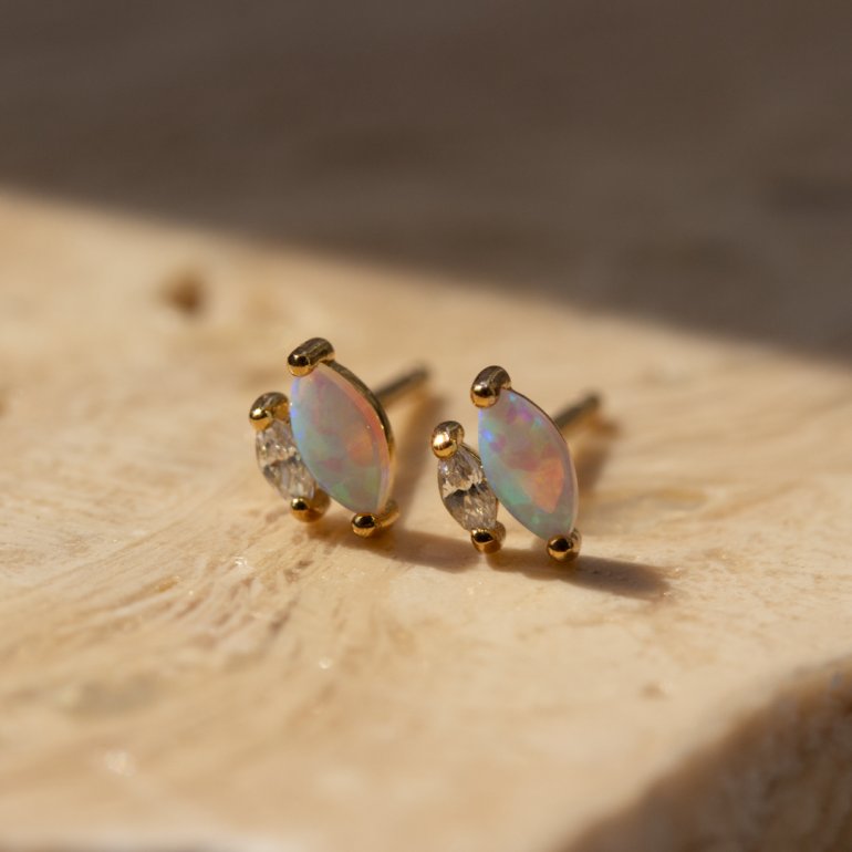 Gold Vermeil CZ and Opal Stud Earrings